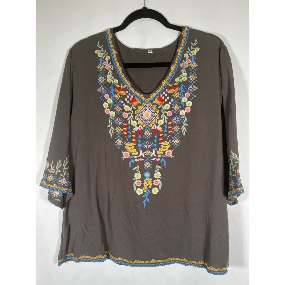 Bright Embroidered Grey Tunic Top XL Basic Boho Blouse 3/4 Sleeve Lightweight